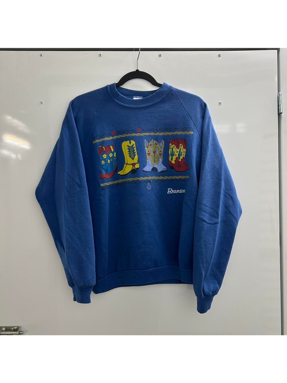 VTG 90s Blue Branson cowboy boots sweatshirt